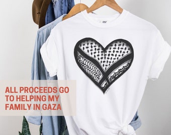 T-shirt coeur keffieh, collecte de fonds pour une famille palestinienne à Gaza