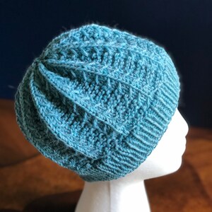 May include: A blue knitted hat with a cable knit pattern. The hat is on a white mannequin head.