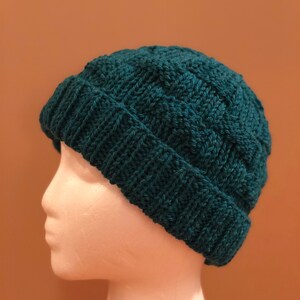 May include: A teal-colored knitted beanie hat with a folded brim. The hat is displayed on a mannequin head, showcasing the texture and style of the winter accessory. The knit pattern is visible, adding detail to the hat's design.
