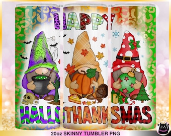 May include: Three 20oz skinny tumblers with a leopard print background. Each tumbler features a different gnome holding a holiday-themed item. The first gnome is green and holding a cauldron, the second gnome is orange and holding a pumpkin, and the third gnome is red and holding a Christmas ornament. The text "Happy Hallo Thanksmas" is printed on the tumblers.