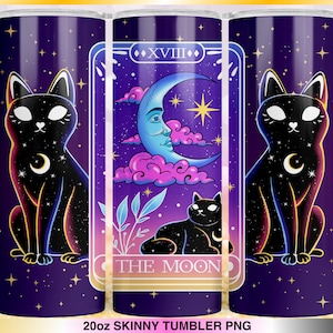 Copo magro de 20 onças, a carta de tarô da lua, gato preto, bruxa mística celestial, vibrações mágicas espirituais, sublimação de envoltório reto e cônico, png