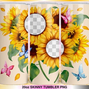 Puede incluir: Un vaso skinny de 20 oz con un diseño de girasoles y mariposas. El vaso tiene un fondo crema y dos espacios en blanco para personalizar.