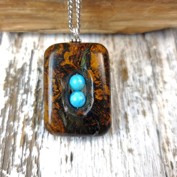 Natural Stone Necklace with Arizona Turquoise in Hand-Carved Stoney Mountain Rock with Sterling Silver