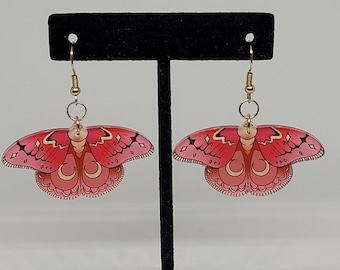 Rose lunar moth dangle earrings, whimsical cottagecore statement jewelry, alternative fashion accessory, celestial holiday gifts for her