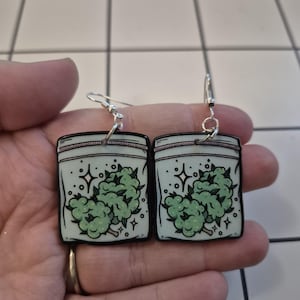 Nug Bag Acrylic Earrings, Cannabis Leaf Dangle Jewelry, Green Marijuana Design, Unique Handcrafted Gift for Cannabis Enthusiasts