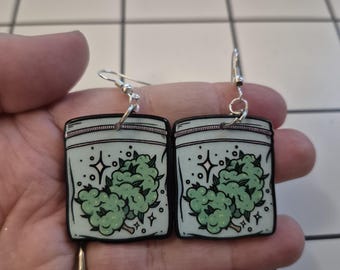 Nug Bag Acrylic Earrings, Cannabis Leaf Dangle Jewelry, Green Marijuana Design, Unique Handcrafted Gift for Cannabis Enthusiasts