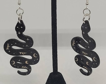 Celestial black snake dangle earrings, punk statement jewelry, alternative fashion acessory, holiday gift ideas for her, stocking stuffer