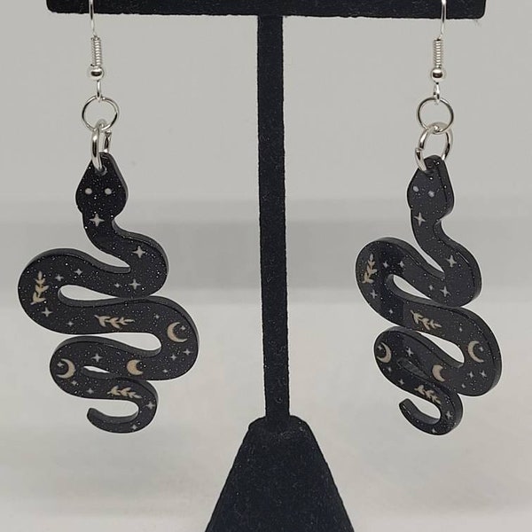 Celestial black snake dangle earrings, punk statement jewelry, alternative fashion acessory, holiday gift ideas for her, stocking stuffer
