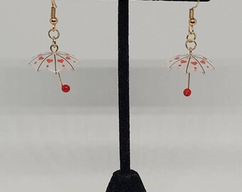 Heart pattern umbrella dangle earrings, whimsical statement jewelry, cottagecore fashion accessory, gift ideas for her, spring trends