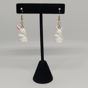 Fuzzy white rabbit dangle earrings, whimsical statement jewelry, cottagecore fashion accessory, cute gift ideas for her, summer trends image 1