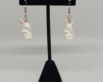 Fuzzy white rabbit dangle earrings, whimsical statement jewelry, cottagecore fashion accessory, cute gift ideas for her, summer trends