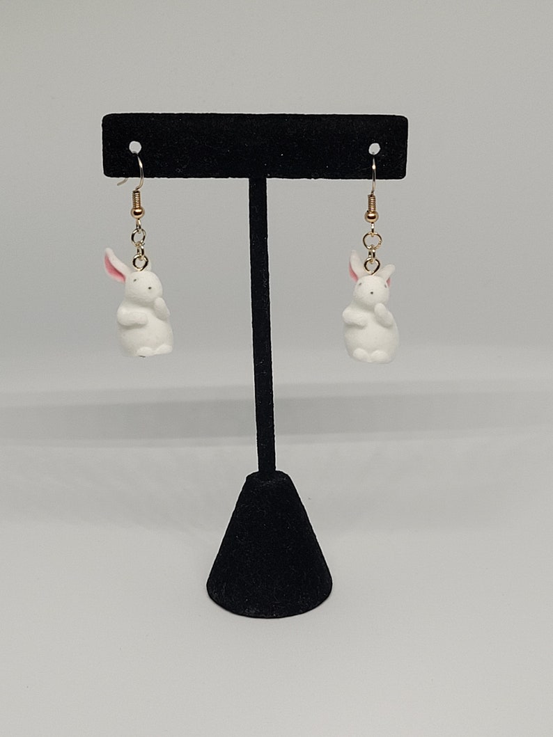 Fuzzy white rabbit dangle earrings, whimsical statement jewelry, cottagecore fashion accessory, cute gift ideas for her, summer trends image 1