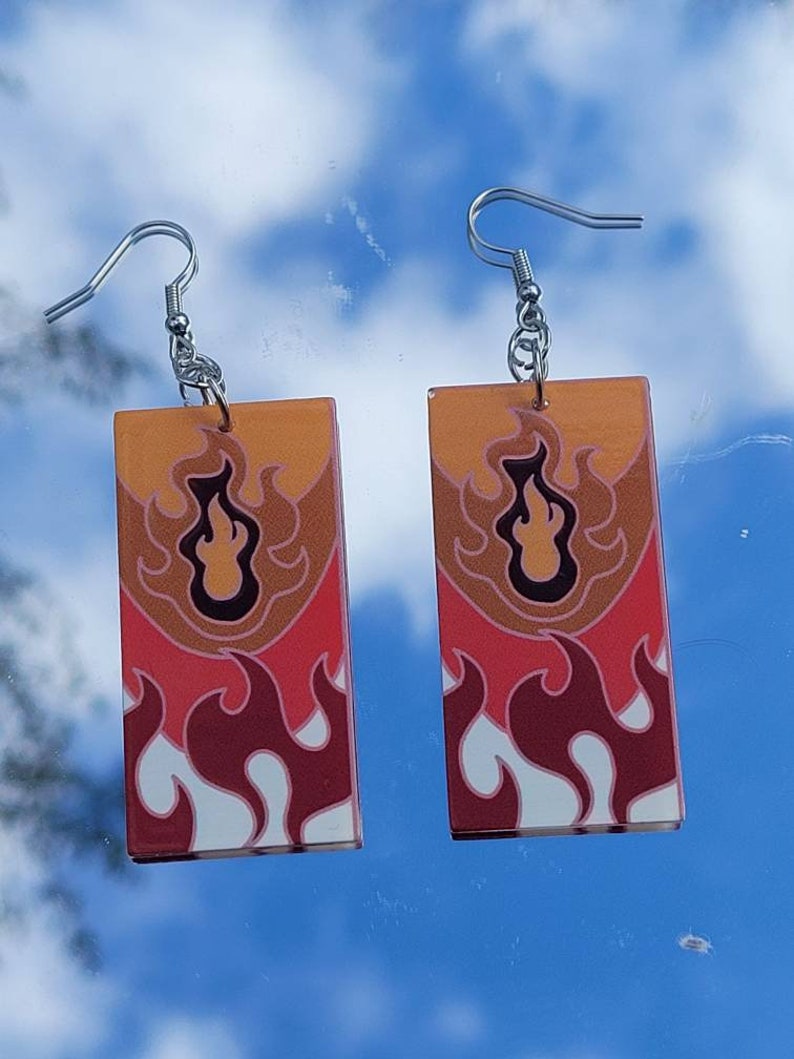 Flame hanafuda dangle earrings, anime aesthetic, anime earrings, kawaii jewelry, alternative fashion accessory, cosplay accessory gift image 3