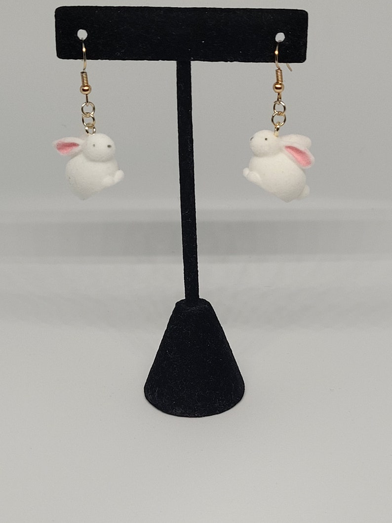 Fuzzy white rabbit dangle earrings, whimsical statement jewelry, cottagecore fashion accessory, cute gift ideas for her, summer trends Sitting bunny