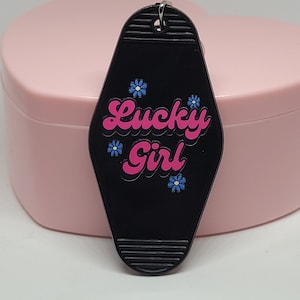 Acrylic Lucky Girl floral Funny Parody Retro Motel Hotel Keychain