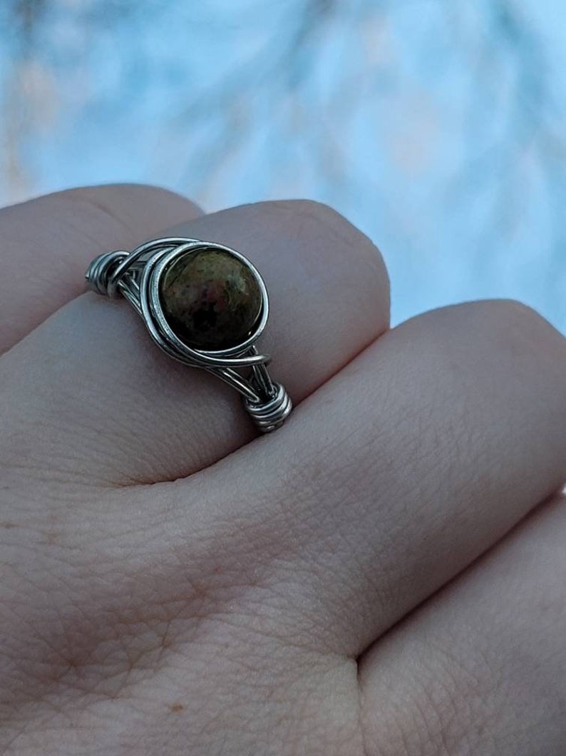 Unakite beaded wire wrapped ring, Statement Jewelry, Witchy accessory, Genuine Stone, Cottagecore, Gift for Her, Stocking Stuffers image 2