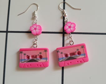 Pink Cassette Tape Earrings with Floral Dangles, Retro Music Jewelry, 80s Style Gift for Music Lovers, Vintage Inspired Boho Dangles