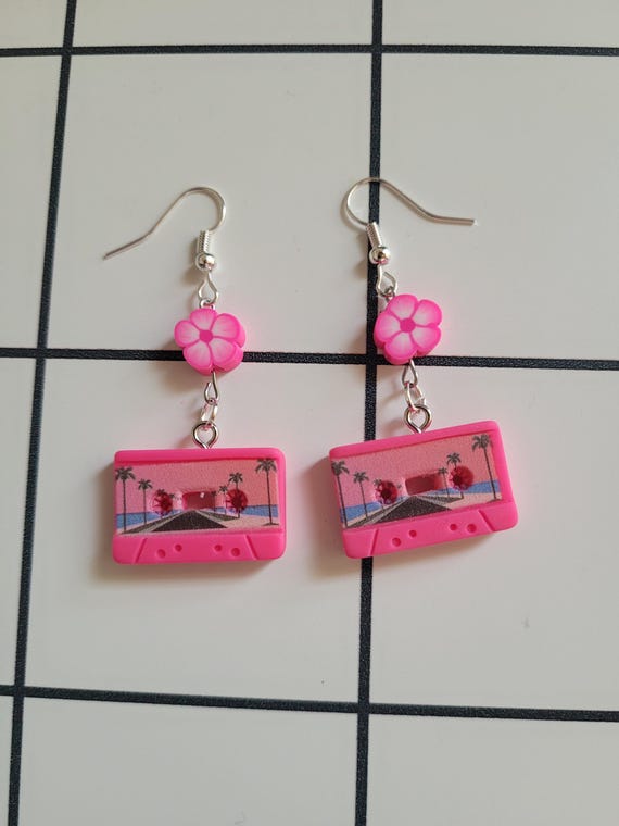 Pink Floral Cassette Tape Earrings, Retro Music Dangles, Unique