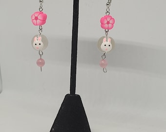 Spring bunny rabbit dangle earrings, beaded statement jewelry, easter fashion accessory, cute gift ideas for her, spring trends, gift ideas