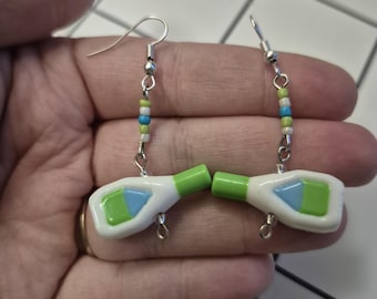 Ranch Dressing Bottle Beaded Dangle Earrings | Condiment Themed Statement Jewelry | Fake Food Fashion Accessory | Novelty Gift