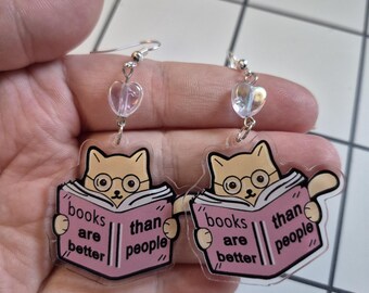 Books Are Better Cat Beaded Earrings, Cute Book Lover Jewelry, Kawaii Cat Accessories, Fun Literary Gift, Novelty Earrings for Bookworms