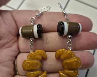 Coffee and croissant beaded dangle earrings, cafe inspired statement jewelry, fake food fashion accessory, gifts for baristas, spring trends