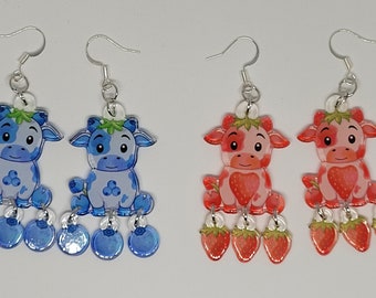 Adorable fruit cow dangle earrings, strawberry cow statement jewelry, blueberry cow fashion accessory, stocking stuffer gifts, holiday trend