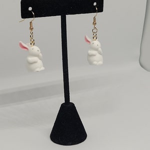 Fuzzy white rabbit dangle earrings, whimsical statement jewelry, cottagecore fashion accessory, cute gift ideas for her, summer trends image 3