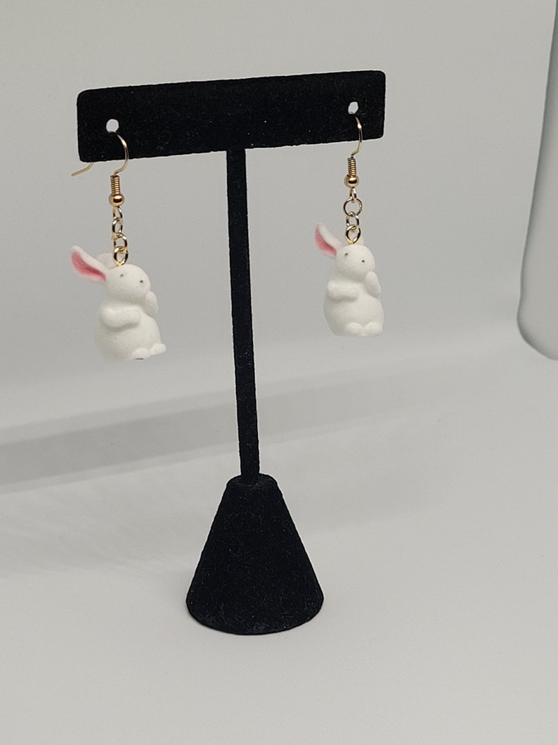 Fuzzy white rabbit dangle earrings, whimsical statement jewelry, cottagecore fashion accessory, cute gift ideas for her, summer trends image 3