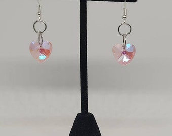 Pink cubic zirconia heart dangle earrings, valentines day statement jewelry, simple fashion accessory, valentine heart jewelry, gift ideas