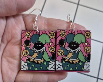 The Fool Cat Tarot Card Dangle Earrings, Handmade Jewelry, Wiccan Gift, Occult Accessory, Witchcraft Gift, Unique Boho Earrings