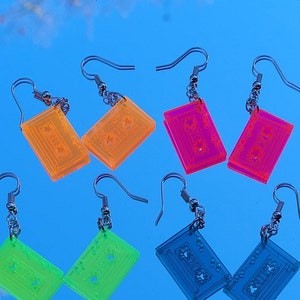 Vintage neon cassette tape dangle earrings, retro 70s statement jewelry, alternative fashion accessory, holiday gift ideas, stocking stuffer