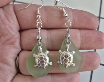 Sea Glass Turtle Earrings: Wire Wrapped Nautical Jewelry