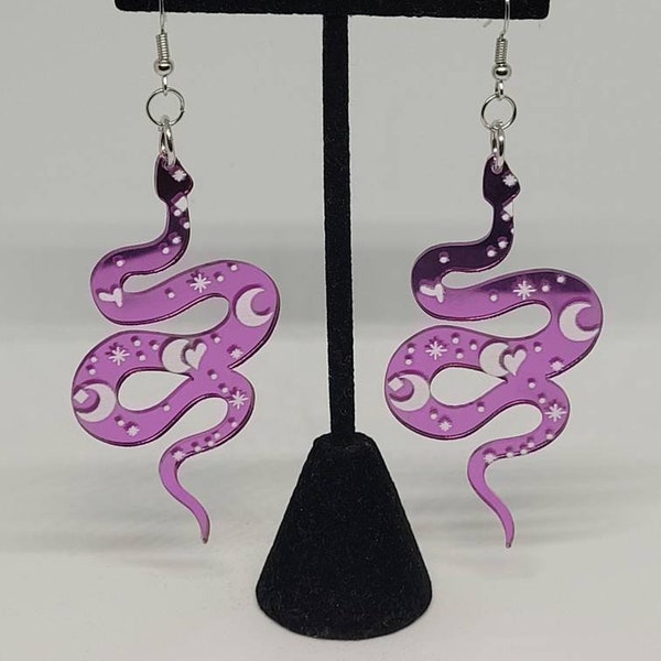 Purple snake celestial dangle earrings, unique statement jewelry, punk fashion accessory, spring trends, mothers day gift ideas for her