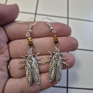 May include: Silver-toned cicada earrings with detailed wing and body designs. Each earring features a small cluster of brown beads above the insect pendant, suspended from a silver hook. The earrings are designed for pierced ears.