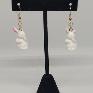 Fuzzy white rabbit dangle earrings, whimsical statement jewelry, cottagecore fashion accessory, cute gift ideas for her, summer trends Standing bunny