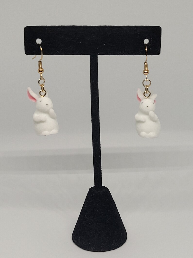 Fuzzy white rabbit dangle earrings, whimsical statement jewelry, cottagecore fashion accessory, cute gift ideas for her, summer trends Standing bunny