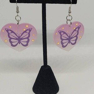 Purple Heart Butterfly Dangle Earrings: Sterling Silver Cottagecore Jewelry