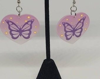 Purple heart butterfly dangle earrings, dainty statement jewelry, cottagecore fashion accessory, spring trends, gift ideas for her