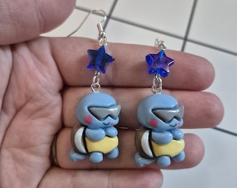Cool turtle dangle earrings, squirtle squad jewelry, video game inspired fashion accessory, alternative gifts for gamers and anime fans