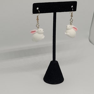 Fuzzy white rabbit dangle earrings, whimsical statement jewelry, cottagecore fashion accessory, cute gift ideas for her, summer trends image 7