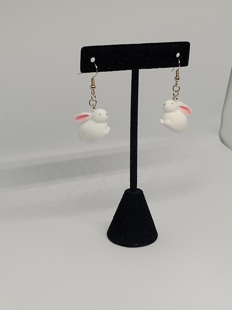 Fuzzy white rabbit dangle earrings, whimsical statement jewelry, cottagecore fashion accessory, cute gift ideas for her, summer trends image 7