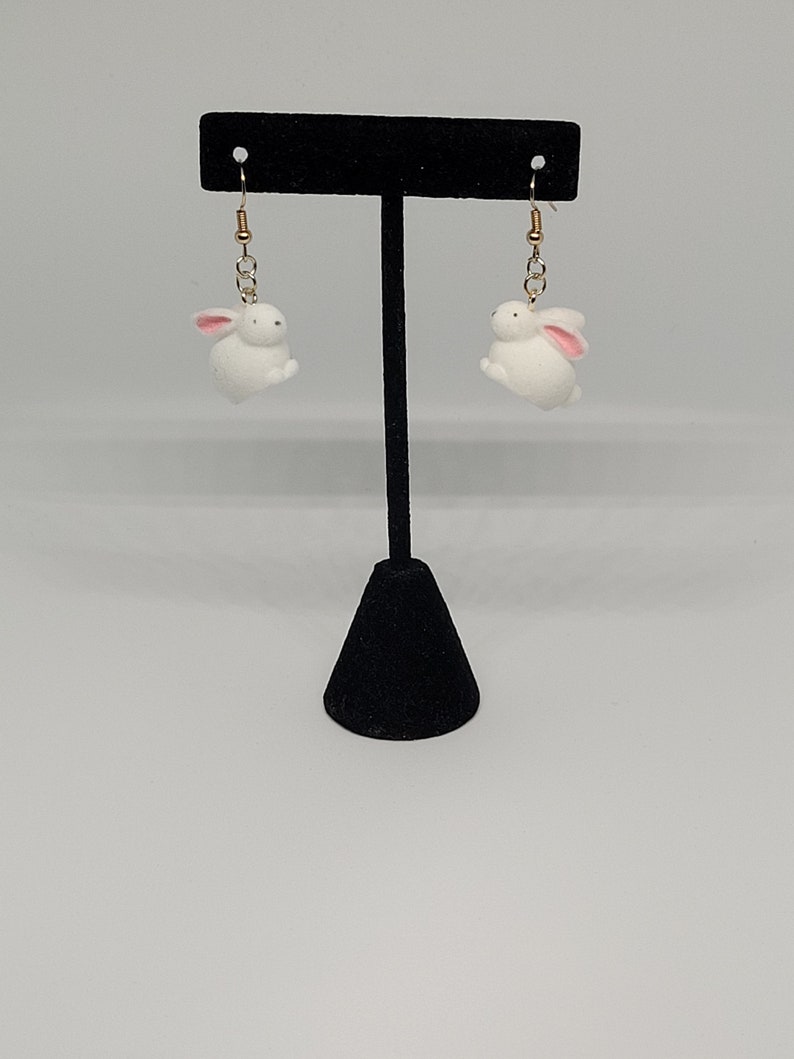 Fuzzy white rabbit dangle earrings, whimsical statement jewelry, cottagecore fashion accessory, cute gift ideas for her, summer trends image 5