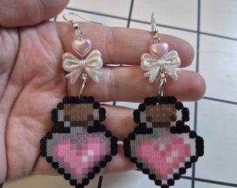 Pixelated heart potion bottle dangle earrings, video game inspired statement jewelry, renaissance faire fashion accessory, gifts for gamers