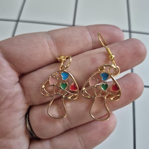 Golden Heart Mushroom Earrings - Handmade Nature Jewelry, Unique Gift for Her, Boho Style Accessory, Forest Inspired Dangles