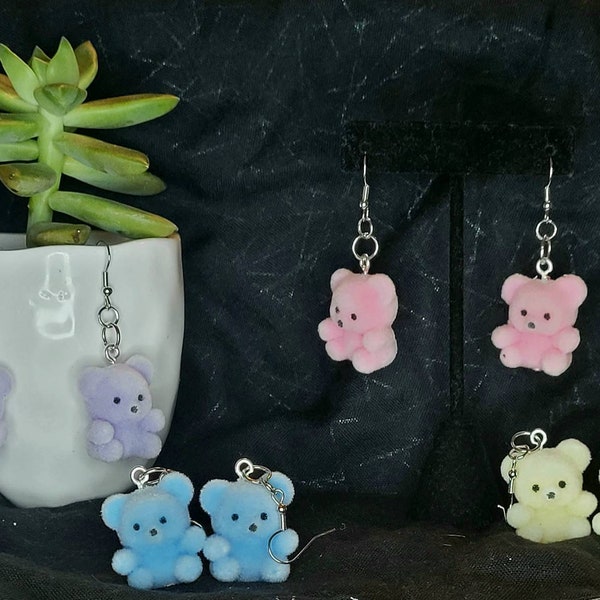 Fuzzy teddy bear earrings, kidcore aesthetic jewelry, statement earrings, cute kawaii accessory, fall trends, stocking stuffer gifts