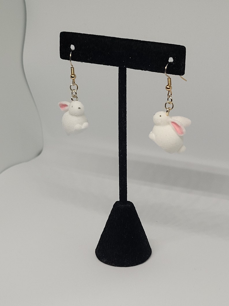 Fuzzy white rabbit dangle earrings, whimsical statement jewelry, cottagecore fashion accessory, cute gift ideas for her, summer trends image 8