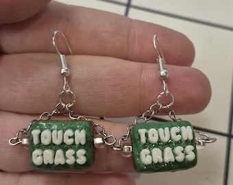 Touch grass beaded dangle earrings, quirky statement jewelry, snarky adult humor fashion accessory, adult gift ideas, spring trends
