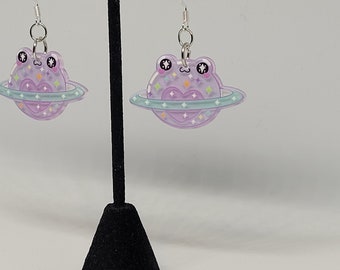 Adorable purple saturn frog dangle earrings, celestial statement jewelry, kawaii fashion accessory, alternative gifts for her, holiday trend