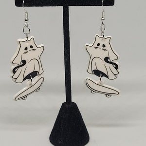 Ghost Cat Skateboard Dangle Earrings, Halloween Jewelry, Alternative Fashion, Spooky Accessories, Gothic & Witchy Gift for Her